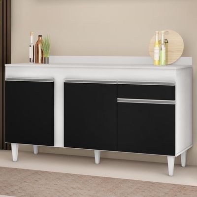 Balcão Gabinete Para Pia Com Tampo 150cm 3 Portas 1 Gaveta Dakota Branco-preto - Lumil