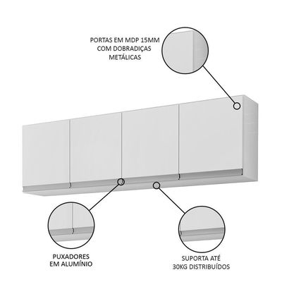 Armário Aéreo 150cm 4 Portas Andréia Branco - Ajl Móveis