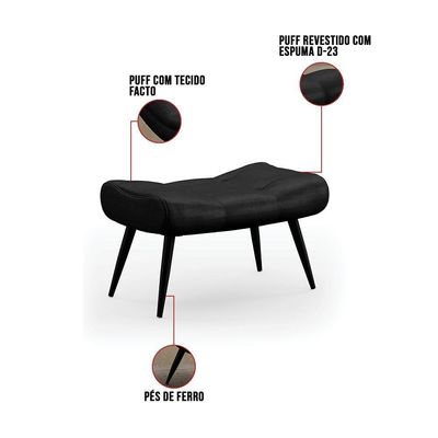 Kit 2 Puffs Decorativos Para Sala De Estar Pés Palito Lord Facto Dunas Preto - Ibiza