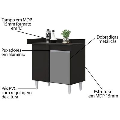 Balcão De Canto Reto Com Tampo 1 Porta Denver Preto-cinza - Lumil