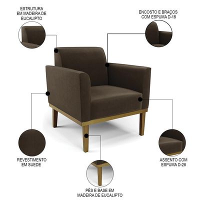 Sofá Namoradeira E 1 Poltrona Base Madeira Castanho Maressa Suede Marrom - Ibiza