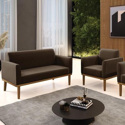 Sofá Namoradeira E 1 Poltrona Base Madeira Castanho Maressa Suede Marrom - Ibiza