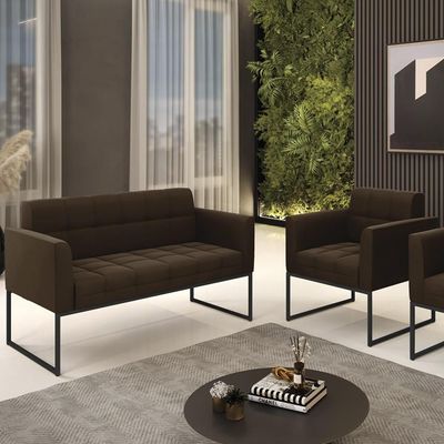 Sofá Namoradeira E 1 Poltrona Base Industrial Preto Ana Suede Marrom - Ibiza