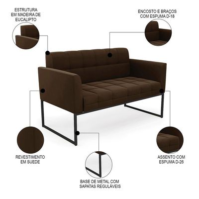 Sofá Namoradeira E 1 Poltrona Base Industrial Preto Ana Suede Marrom - Ibiza