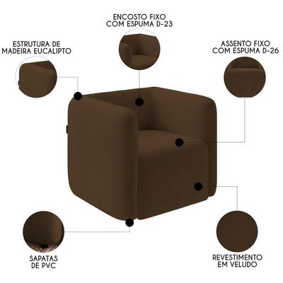 Poltrona Para Sala De Estar Decorativa Quadrada Maggie K04 Veludo Marrom - Mpozenato