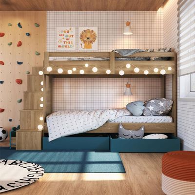 Beliche Infantil com Escada, Nicho e Gavetas Aveiro com Azul