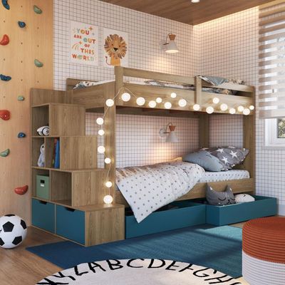 Beliche Infantil com Escada, Nicho e Gavetas Aveiro com Azul