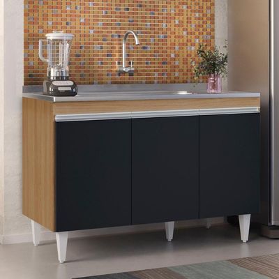 Balcão De Cozinha Com Pia Inox 120cm Manu Preto-amêndoa - Ajl Móveis