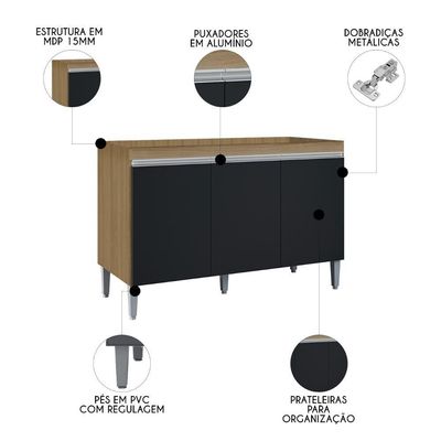 Balcão De Cozinha Com Pia Inox 120cm Manu Preto-amêndoa - Ajl Móveis