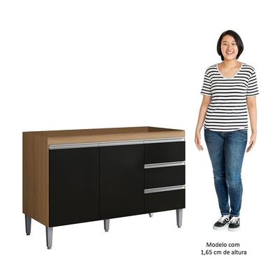 Balcão De Cozinha Para Pia 100cm 3 Gavetas Andréia Amêndoa-preto - Ajl Móveis