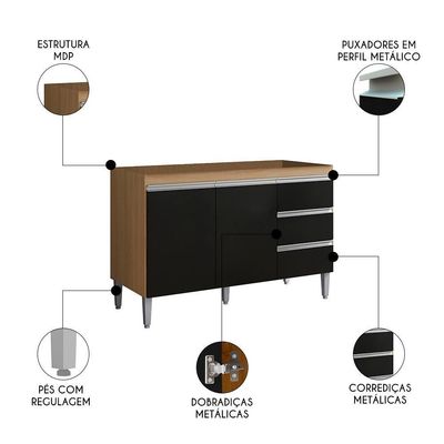Balcão De Cozinha Para Pia 100cm 3 Gavetas Andréia Amêndoa-preto - Ajl Móveis