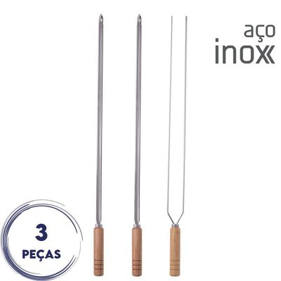 Kit 3 Espetos Para Churrasco 85cm Aço Inox Kort