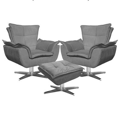 Kit 2 Poltronas Decorativas Base Giratória Cromada Com Puff Opla Suede Grafite - Ibiza