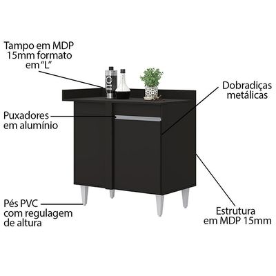 Balcão De Canto Reto Com Tampo 1 Porta Denver Preto - Lumil