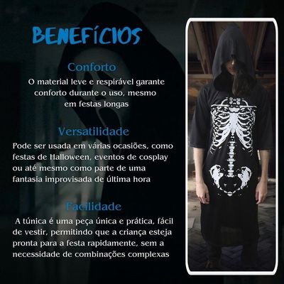 Fantasia Halloween Esqueleto Scary Boy Preta Com Capuz Tamanho G