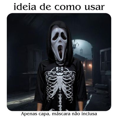 Fantasia Halloween Esqueleto Scary Boy Preta Com Capuz Tamanho G