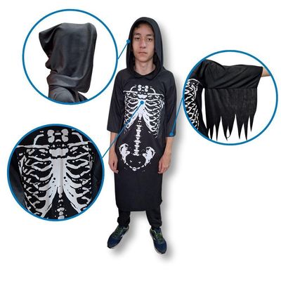 Fantasia Halloween Esqueleto Scary Boy Preta Com Capuz Tamanho G