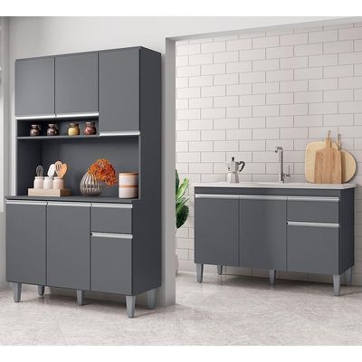 Cozinha Compacta Márcia E Balcão Gabinete Com Pia Tatiane 120cm Cinza - Ajl Móveis