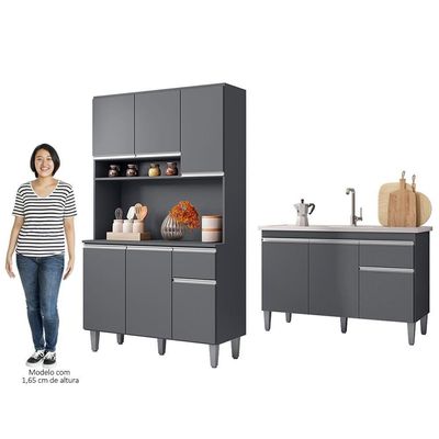 Cozinha Compacta Márcia E Balcão Gabinete Com Pia Tatiane 120cm Cinza - Ajl Móveis