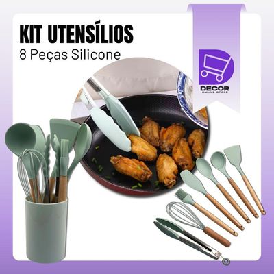 Conjunto Kit De Utensílios De Cozinha Em Silicone 8 Peças, Verde Claro