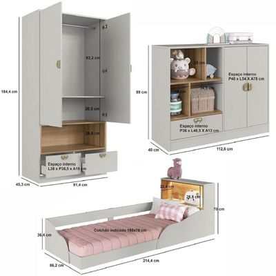 Quarto Infantil com Cama de Solteiro Montessoriana Cômoda e Guarda Roupas Lille Cj077