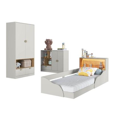 Quarto Infantil com Cama de Solteiro Montessoriana Cômoda e Guarda Roupas Lille Cj077