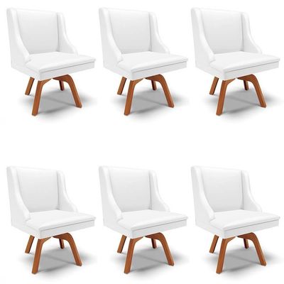 Kit 6 Cadeiras Estofadas Para Sala De Jantar Base Giratória De Madeira Lia Sintético Branco - Ibiza