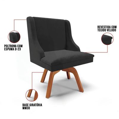 Kit 6 Cadeiras Estofadas Base Giratória De Madeira Lia Veludo Preto - Ibiza