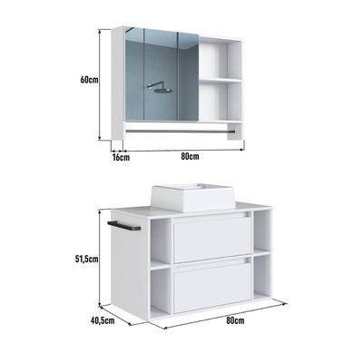Conjunto para Banheiro Branco Gabinete Suspenso 80cm com Cuba Espelheira e Toalheiro