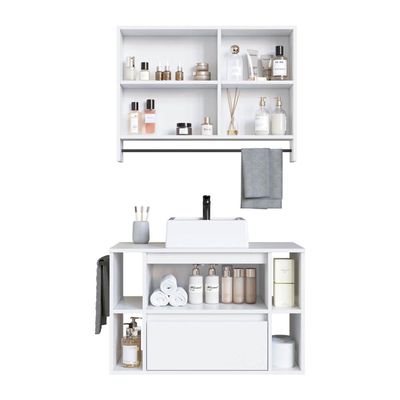 Conjunto para Banheiro Branco Gabinete Suspenso 80cm com Cuba Espelheira e Toalheiro