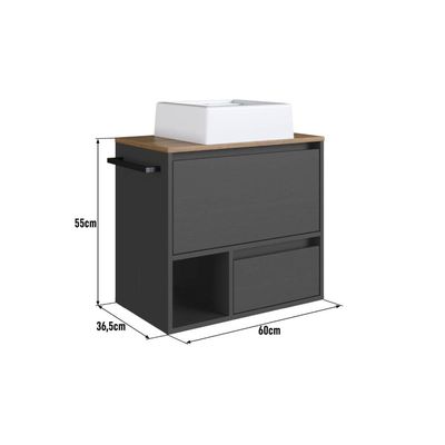 Gabinete Suspenso 60cm Mel Grafite com Cuba 1 Nicho 1 Gaveta e Toalheiro BH8050MGCUBA