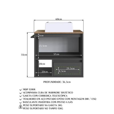 Gabinete Suspenso 60cm Mel Grafite com Cuba 1 Nicho 1 Gaveta e Toalheiro BH8050MGCUBA