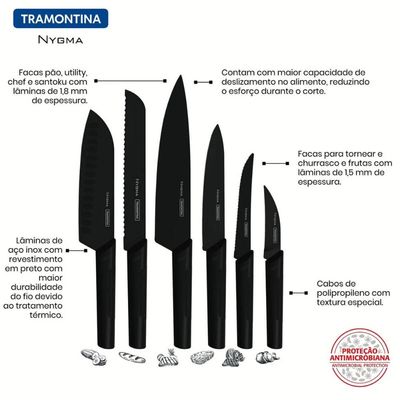 Jogo de Facas Tramontina Nygma Conjunto Aço Inox Cabo Polipropileno 6 Peças Preto