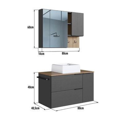 Conjunto para Banheiro Gabinete Suspenso 80cm com Toalheiro Cuba e Espelheira Grafite