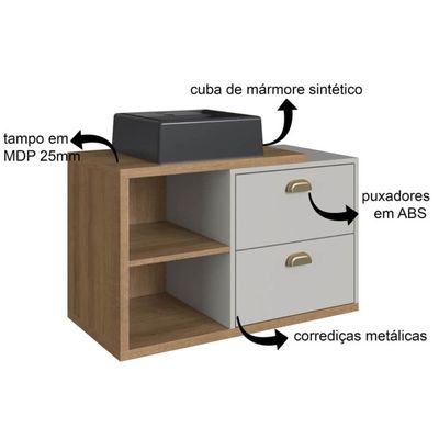 Gabinete Suspenso 80cm Helena Mel Arenas Gavetas Cuba Preta De Banheiro Em Mármore Sintético