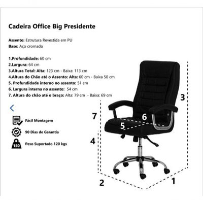 Cadeira De Escritório Confortavel Giratória Presidente Big Com Molas Ensacadas Preto