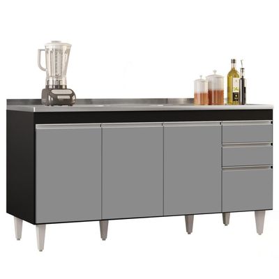 Balcão Gabinete Com Pia Inox 160cm Arkansas Preto-cinza - Lumil