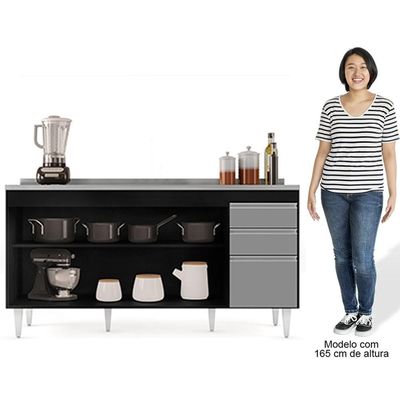 Balcão Gabinete Com Pia Inox 160cm Arkansas Preto-cinza - Lumil