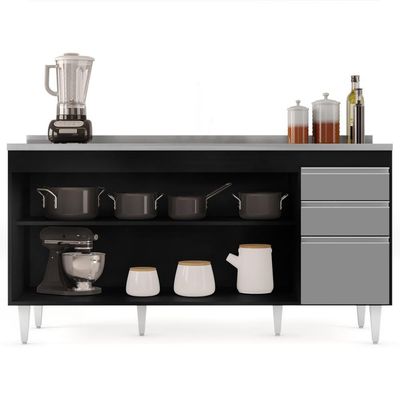 Balcão Gabinete Com Pia Inox 160cm Arkansas Preto-cinza - Lumil
