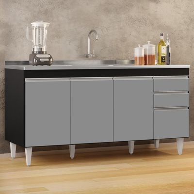 Balcão Gabinete Com Pia Inox 160cm Arkansas Preto-cinza - Lumil