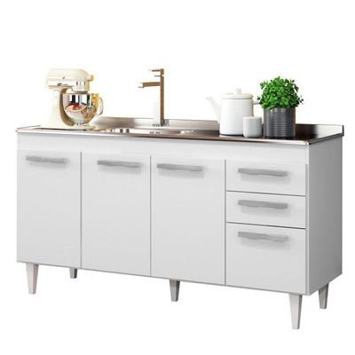 Balcão Gabinete Com Pia Inox 150cm Lisboa - Lumil Móveis Branco-castanho