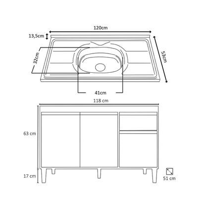 Balcão Gabinete Com Pia Inox 120cm 3 Portas E 1 Gaveta Tatiane Branco - Ajl Móveis
