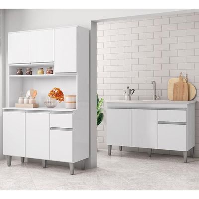 Cozinha Compacta Márcia E Balcão Gabinete Com Pia Tatiane 120cm Branco - Ajl Móveis