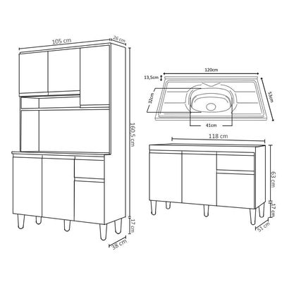 Cozinha Compacta Márcia E Balcão Gabinete Com Pia Tatiane 120cm Branco - Ajl Móveis