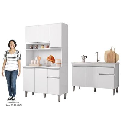 Cozinha Compacta Márcia E Balcão Gabinete Com Pia Tatiane 120cm Branco - Ajl Móveis