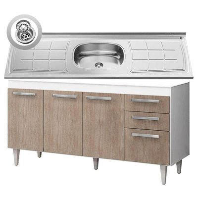 Balcão Gabinete Lis E Pia Inox 150cm 4 Portas L03 Lis - Mpozenato Branco-castanho