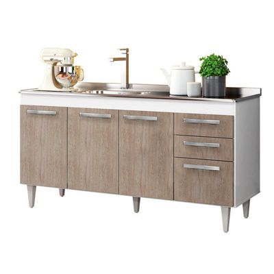 Balcão Gabinete Lis E Pia Inox 150cm 4 Portas L03 Lis - Mpozenato Branco-castanho
