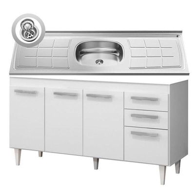 Balcão Gabinete Lis E Pia Inox 150cm 4 Portas L03 Lis - Mpozenato Branco-castanho