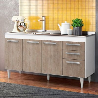 Balcão Gabinete Lis E Pia Inox 150cm 4 Portas L03 Lis - Mpozenato Branco-castanho