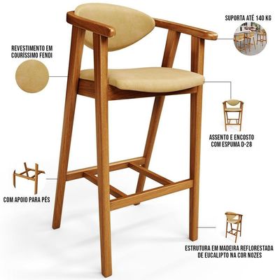 Kit 4 Banquetas Alta Para Cozinha Bancada Bar Sala De Jantar Fixa Cecília L02 Couríssimo Casco Fendi - Lyam Decor